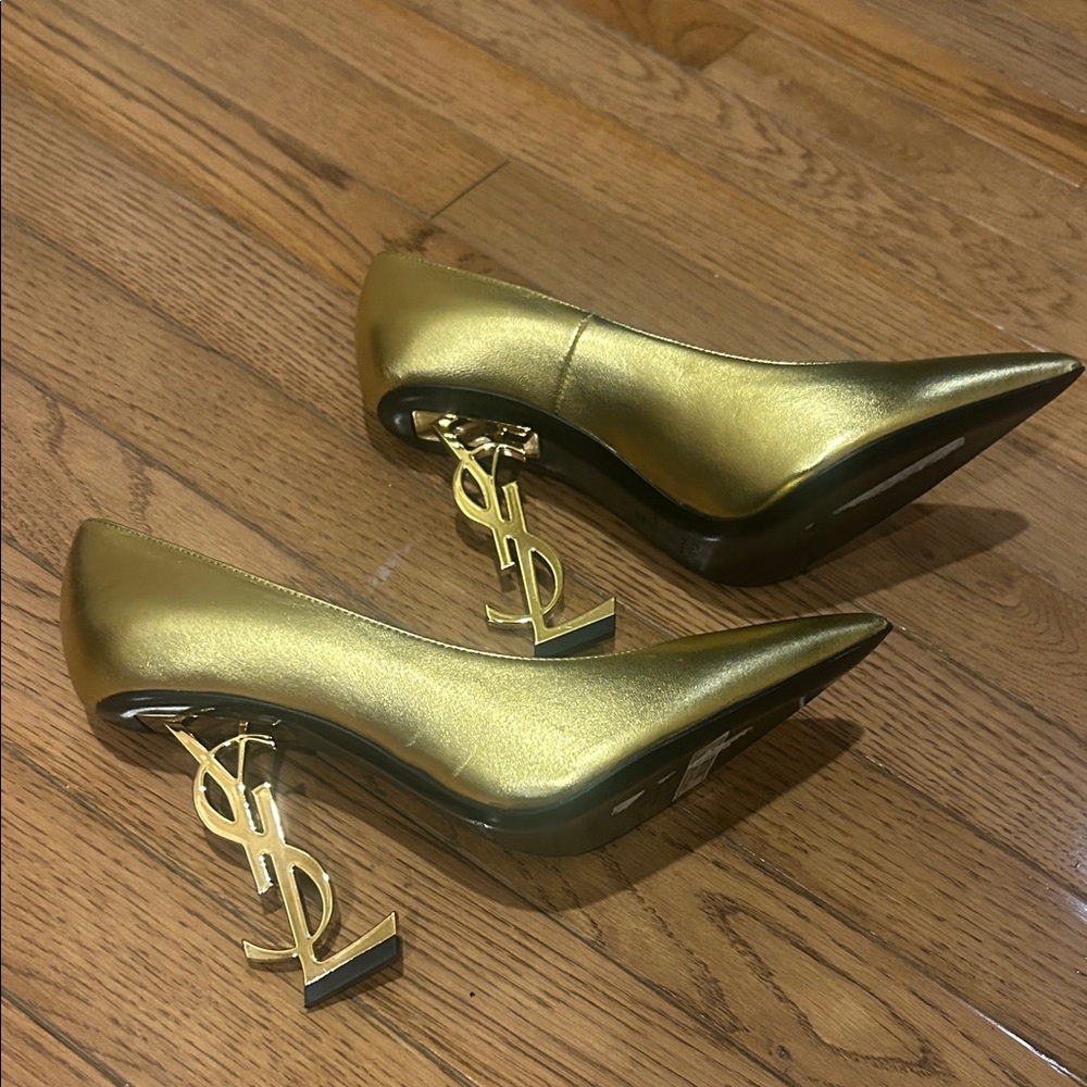 Saint Laurent Gold Heels with Iconic Logo Heel (originally $1,195)